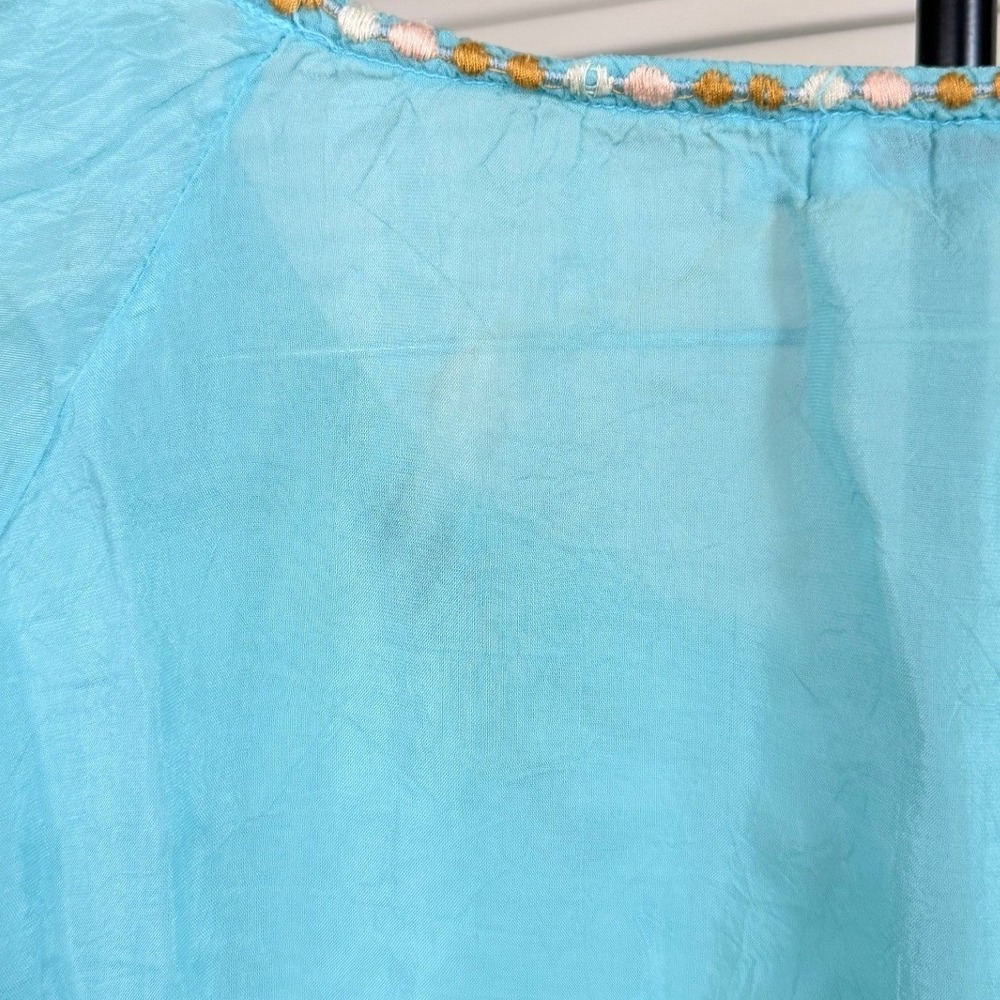 Johnny Was Turquoise  Embroidered Bell Sleeve Blouse Size XL Blue Whimsical Boho - Picture 5 of 6